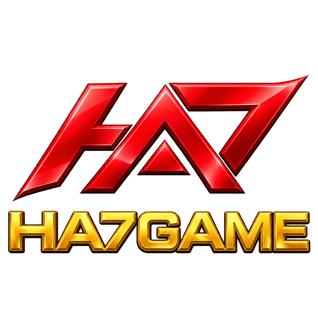 HA7 GAME logo featuring a stylized red geometric emblem with 3D metallic gold text below on a dark rounded background.