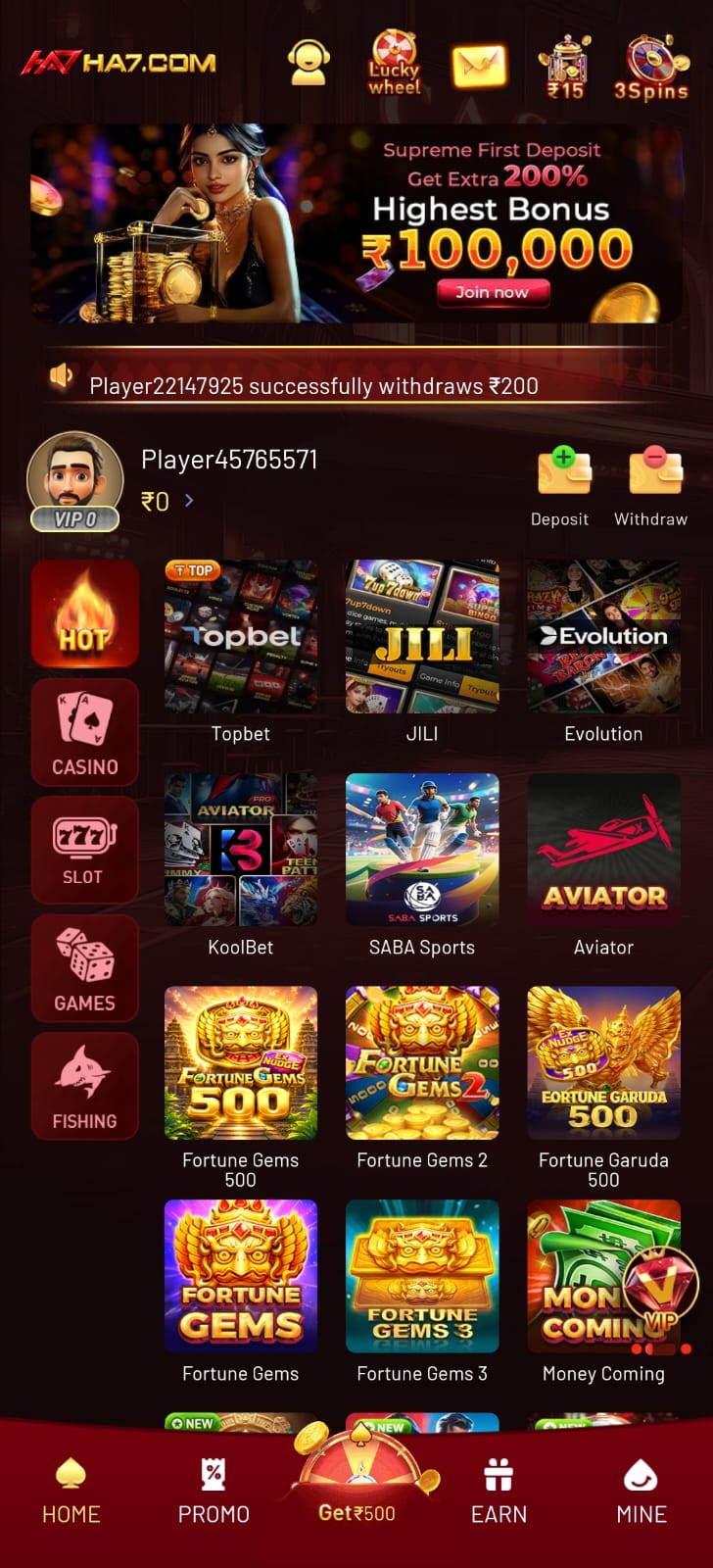 Alt Text: HA7 Game app homepage dashboard showing slot games Aviator and deposit bonus offer