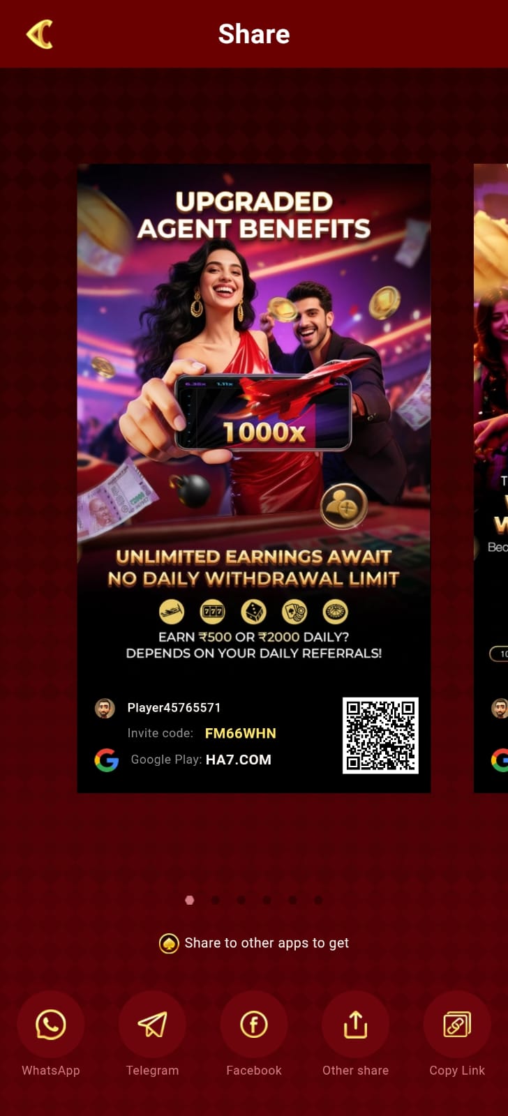 HA7 Game agent benefit promotional banner with invite code and unlimited earning details